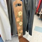 Short, skinny wooden stool/chair with a tall back found at local Goodwill