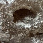 ​Grey weathered block of waxy material size of a fist. Contains white and black particles with a hole in the middle