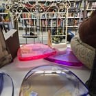 ​2″ thick glass or crystal colored pieces, very heavy, approximately 18″×12″.