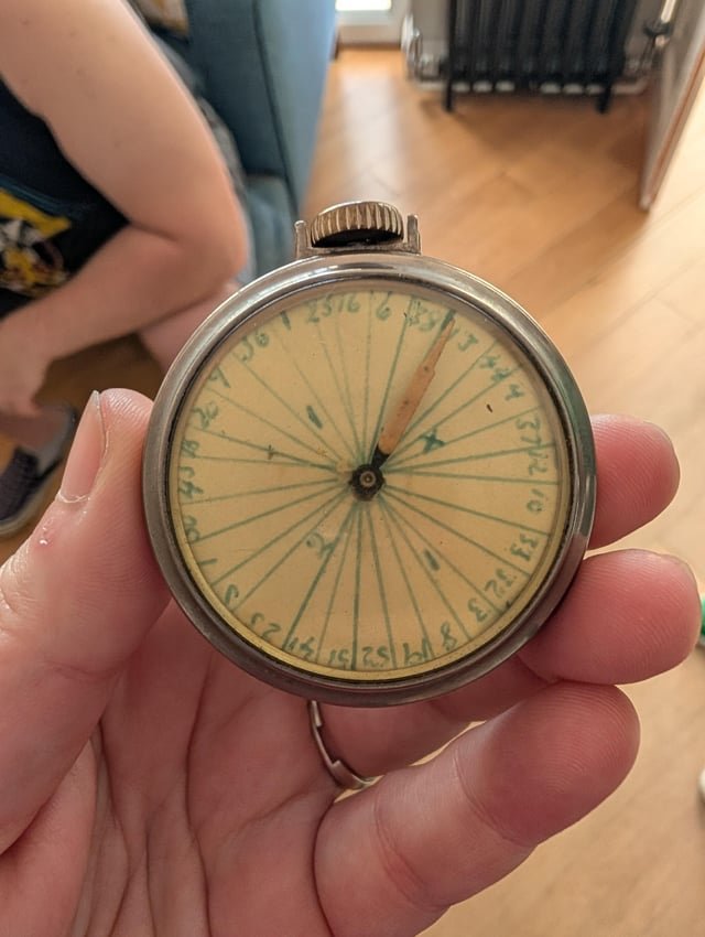 ​Curious clock-like thing with numbers out of order. Hand sized.