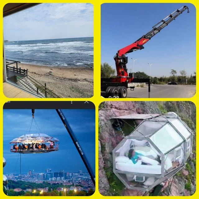 Better Ocean Experience- A crane suspending a room over the white waves. Please set this up for me!