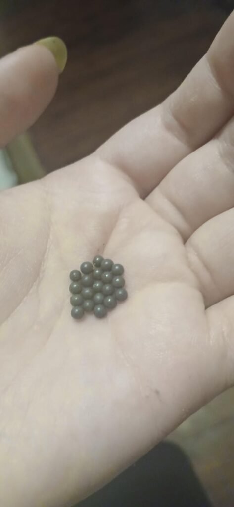 tiny light grey spheres found on my kitchen floor (I live in Aransas Pass TX). none were near anything, I just stepped on one or two now and then in the middle of the floor and collected all I could find. I think they’re metal, but magnets won’t stick to them, so possibly plastic.